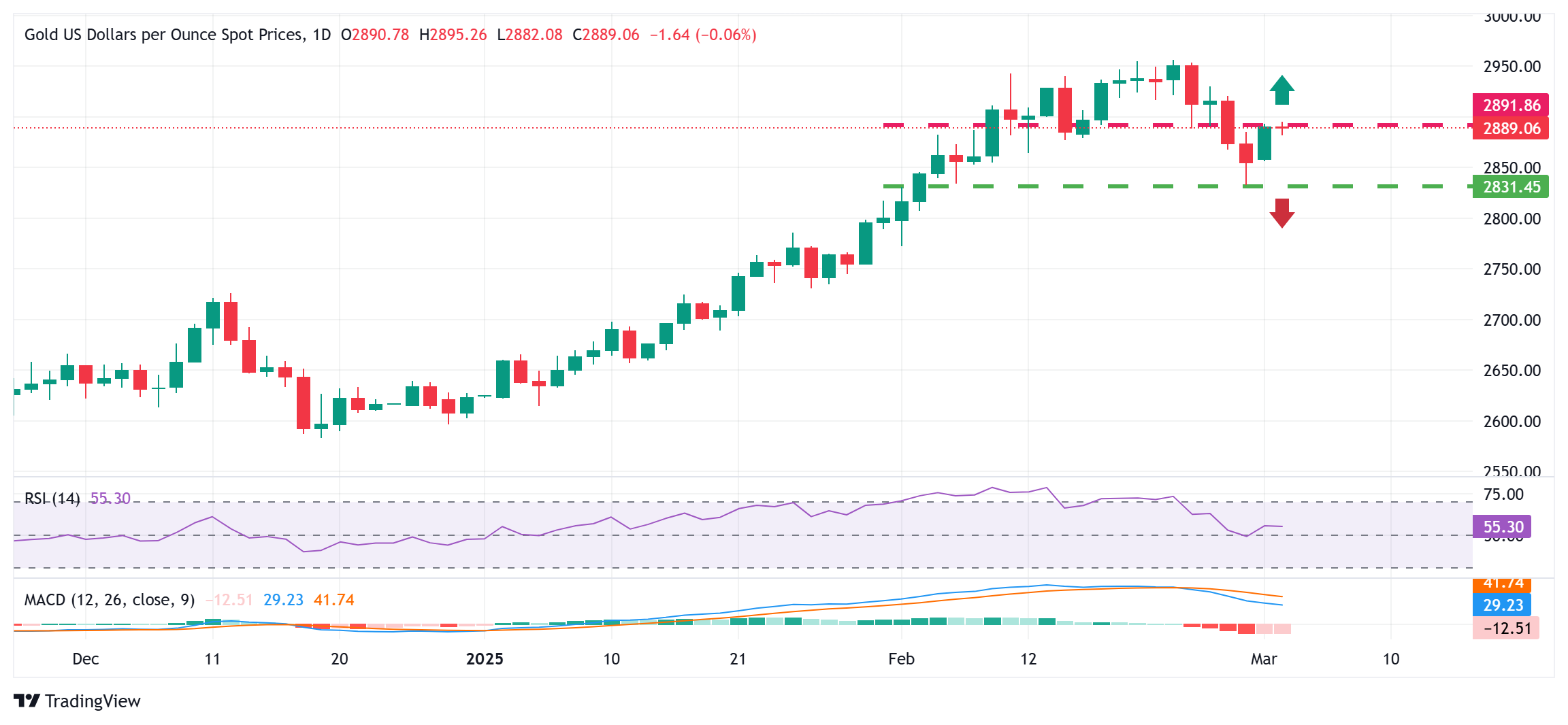 Gold prices traded below $2,900 amid a slight correction in the U.S. dollar, sho